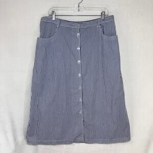 CW Classics Plus 20W Pinstripe Coastal Midi Skirt Blue White Button Summer Twill